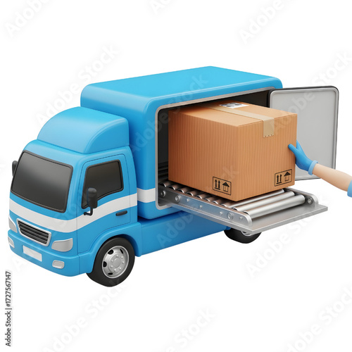Iconic design of a delivery truck loading with a parcel box, transportation vehicle, 3d rendering, 3d illustration isolated on white background
