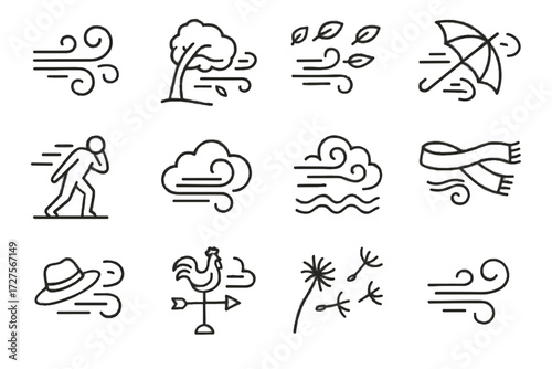 Fluttering strong blown gusts leaves wind vector icon windy breeze weather icons