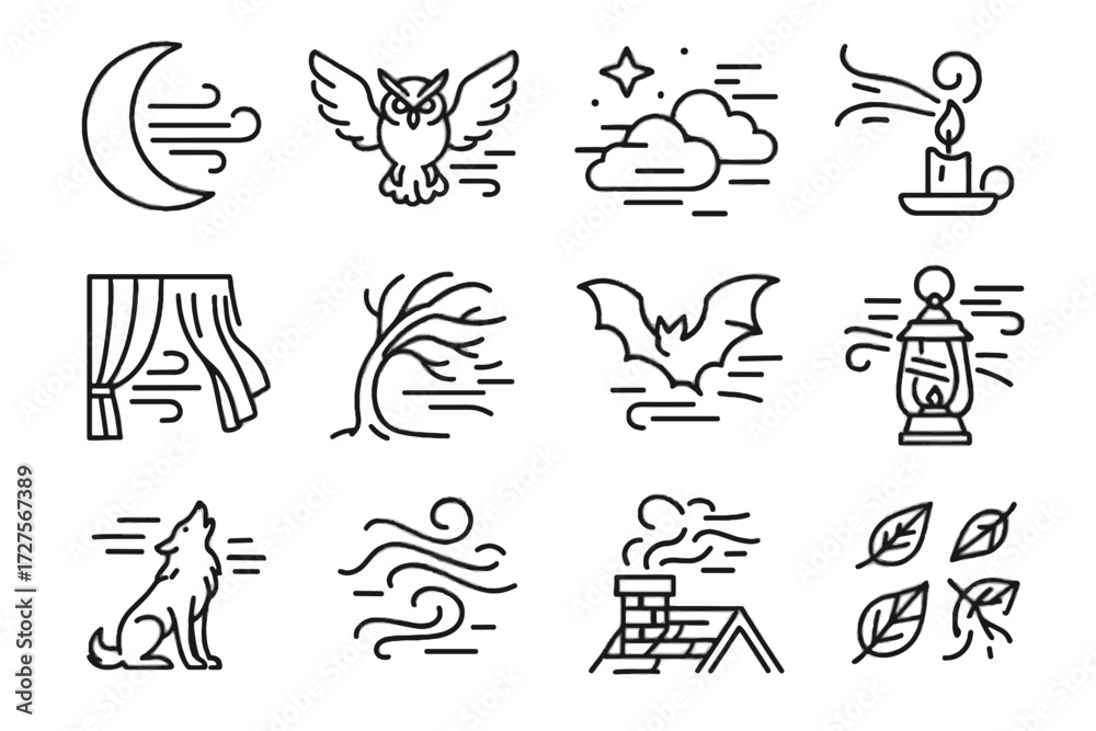 Fototapeta premium Vector air wolf crescent icon chimney clouds leaves tree icons night bat