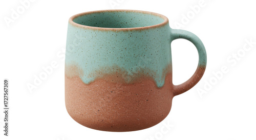 Two-tone ceramic mug isolated on a clean background, rustic pottery with blue and brown glaze for coffee or tea