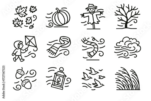 Vector child windy icon swirling gusty scarecrow wind fields flying autumn blowing