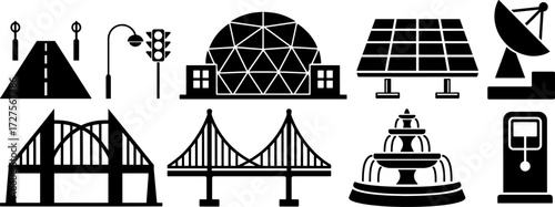 Urban Infrastructure Icons Set – Solar Panels, Bridges, Streetlights, Satellite Dish, Fuel Pump, Fountain & Geodesic Dome Vector Silhouettes