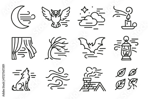 Vector air wolf crescent icon chimney clouds leaves tree icons night bat