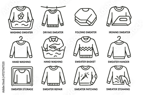 Folding storage vector repair care basket icons ironing washing steaming icon sweater