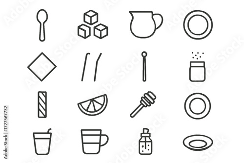 Cinnamon modern sugar wedge jug dipper stick lemon napkin icons vector drink
