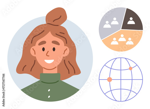 Smiling woman s face in profile, teamwork pie chart, global network representation. Ideal for diversity, collaboration, professional network, global communication, teamwork, education digital