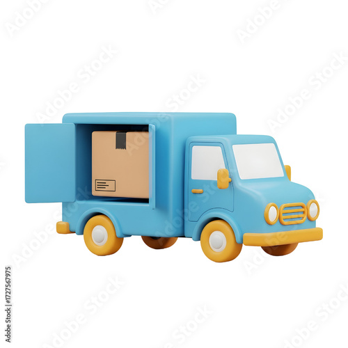 Iconic design of a delivery truck loading with a parcel box, transportation vehicle, 3d rendering, 3d illustration isolated on white background
