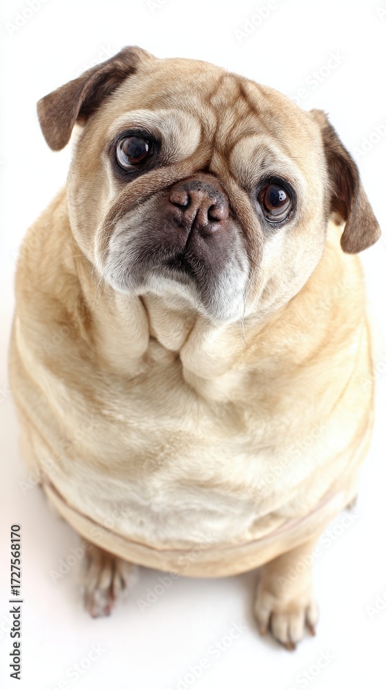 Fototapeta premium Close up of a Fawn Pug Dog Looking Upwards on White Background Studio Shot Adorable Wrinkled Face with Expressive Eyes and Soft Fur