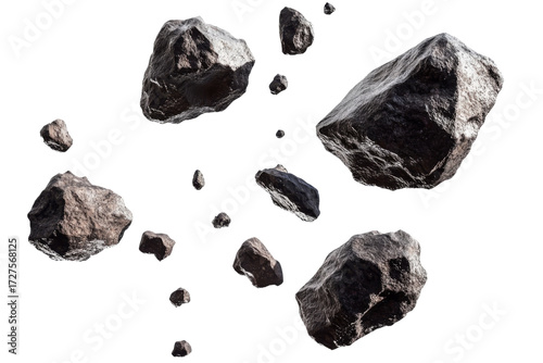 Floating Rocks, Space Debris, Asteroid Field Isolated on Transparent Background, 3D Render, Asteroid, Rocks, Space