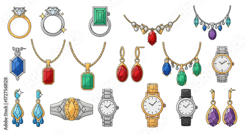 A vibrant collection of exquisite jewelry, featuring sparkling rings, elegant necklaces, dazzling earrings, and sophisticated watches, all adorned with colorful gemstones and precious metals