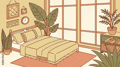 Illustration of bedroom interior design with bed plants window and home decor for relaxation and comfort