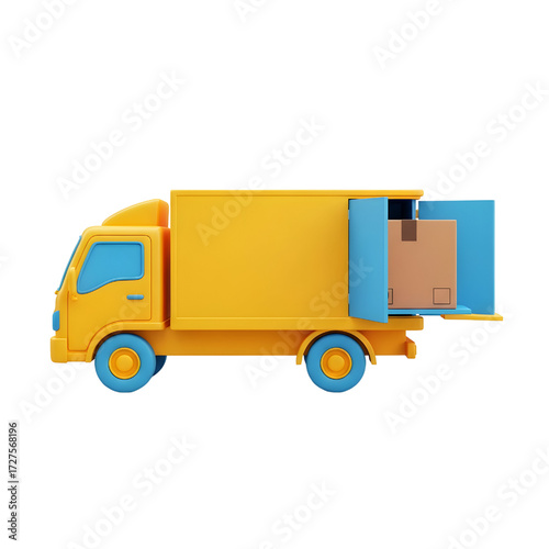 Iconic design of a delivery truck loading with a parcel box, transportation vehicle, 3d rendering, 3d illustration isolated on white background