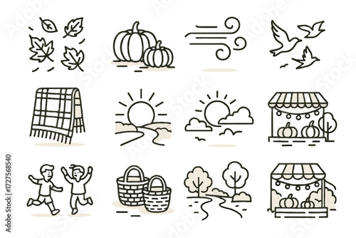 Icon falling cozy market baskets patch icons autumn flying hanging gusts vector