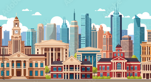 A vibrant cityscape unfolds with a diverse array of architectural styles, from classic government buildings with columns to modern skyscrapers reaching towards a bright, cloudy sky