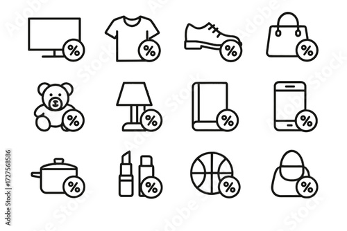 Gadgets kitchenware books discount icon items home toys sports equipment vector goods