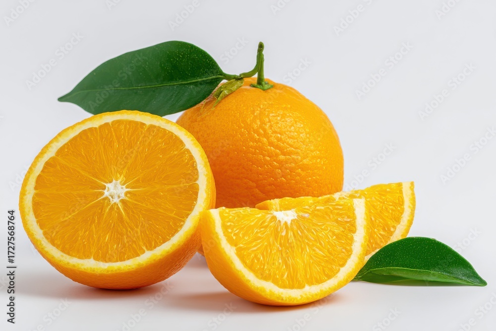 Fototapeta premium Fresh Oranges Still Life Studio Shot on White Background Featuring Slices and Whole Fruit with Green Leaf Detail for Healthy Eating Concepts