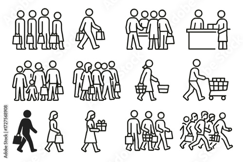 Rush gift silhouette trolley shopping icon browsing crowd vector carrying icons aisle