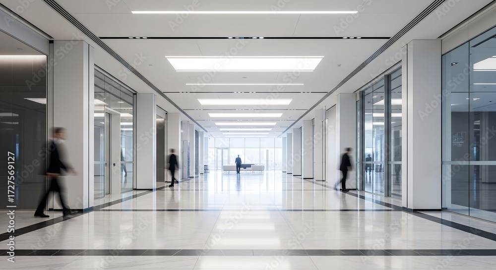 Fototapeta premium Modern corporate hallway with people walking and natural light streaming in