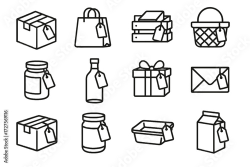 Icons icon tagged box basket bag carton tag container packaging jar vector