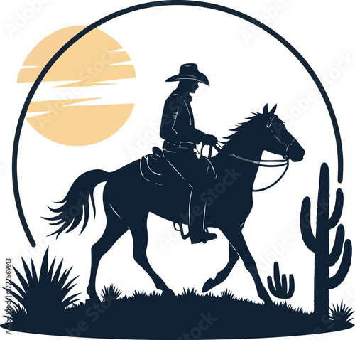 cowboy riding horse , cactus , sun