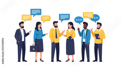 A diverse group of professionals engaged in a lively discussion, with speech bubbles indicating active communication and idea exchange