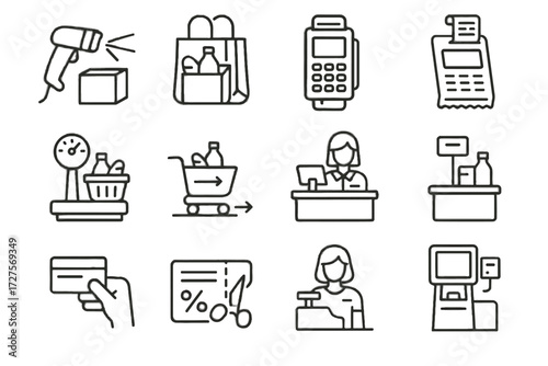 Icon vector printing display machine items icons conveyor cart swipe cashier loyalty