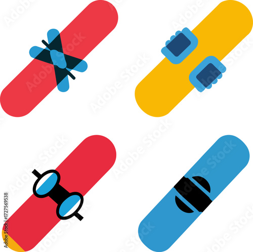 Collection of cartoon snowboards with different designs and vibrant colors
