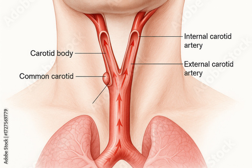 Anatomical illustration of the human carotid arteries showing bifurcation, common carotid, carotid body, internal and external carotid arteries, and depiction of blood flow.