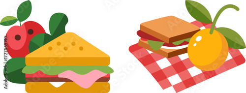 Cheerful Picnic Illustration with Sandwiches Fruit and Red Checkered Blanket