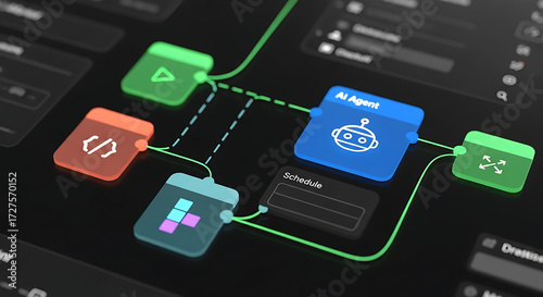 Artificial intelligence workflow automation diagram with AI agent, coding, scheduling, and process nodes for DevOps, data science, and software engineering