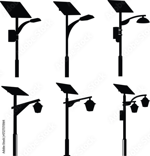 PrintSolar street light silhouettes, renewable energy design, sustainable urban lighting, solar panel lamp post, eco friendly infrastructure, outdoor illumination, smart city technology