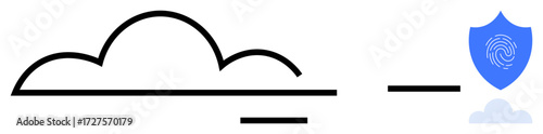 Cloud shape connected to blue shield with fingerprint, symbolizing data protection and cybersecurity. Ideal for technology, privacy, online safety, storage, encryption, cloud access, simple flat