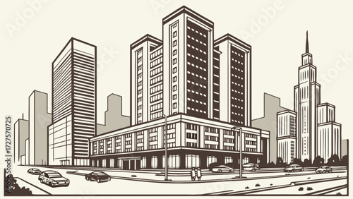 Cityscape illustration with modern buildings skyscrapers and cars vector design urban landscape view