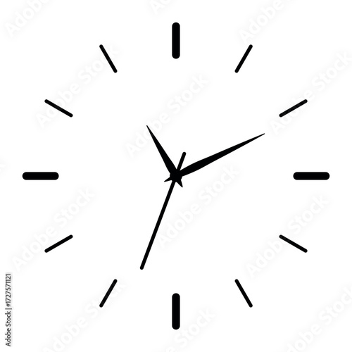 Analog clock with black hands and marks, simple line art design symbolizing time, schedule, deadline, punctuality, daily routine, lifestyle, accuracy. Minimal illustration