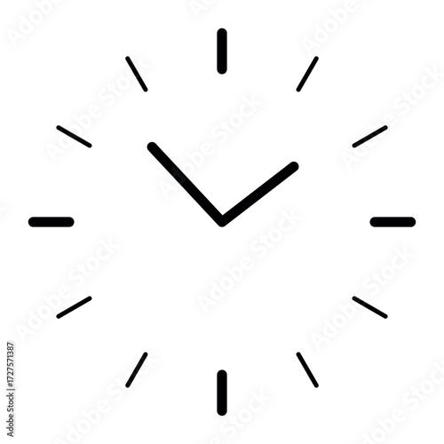 Minimal illustration of analog clock with black hands and marks on white background, simple line art design symbolizing time, schedule, deadline, punctuality, daily routine, lifestyle, accuracy