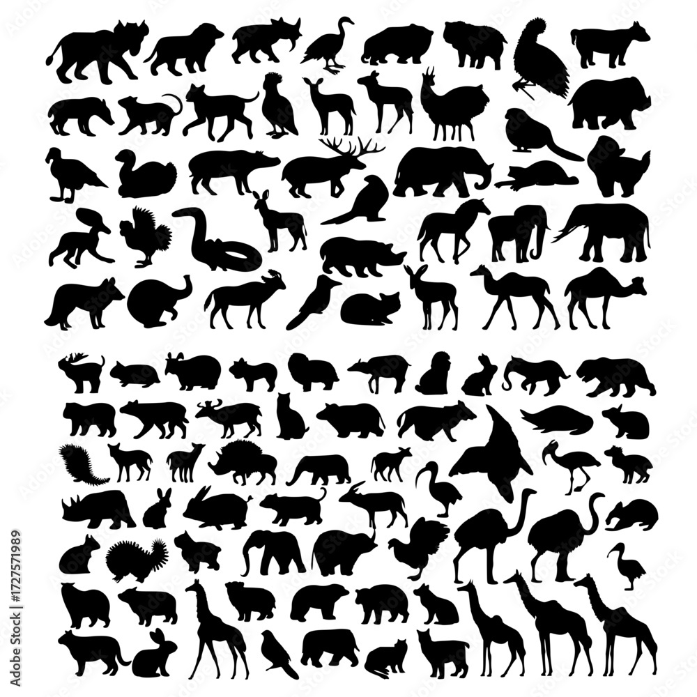 Obraz premium Wild Animal Silhouette Collection – Mammals, Birds, and Wildlife Vector Pack