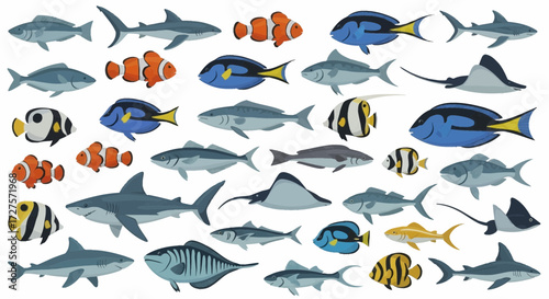 A vibrant collection of diverse marine life, featuring a variety of colorful fish, sharks, and rays swimming in a stylized underwater scene