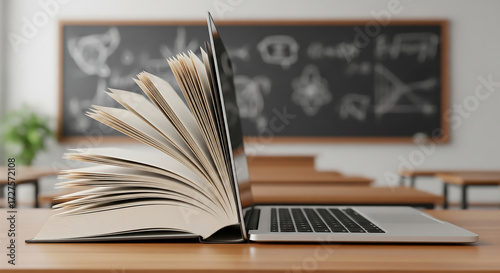 Open book and laptop blend with classroom chalkboard symbolizing modern learning