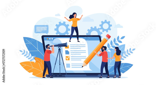 A diverse team collaborates on a project, using a laptop, telescope, and giant pencil to achieve business success and strategic planning