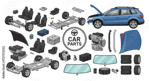 A comprehensive collection of car parts, including engines, seats, chassis, tires, wheels, windshields, and hoods, presented as an illustration