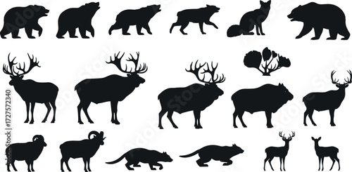 Wild animal silhouettes, bear, wolf, deer, elk, bison, goat, ram, beaver, tree, forest wildlife, hunting design, vector illustration