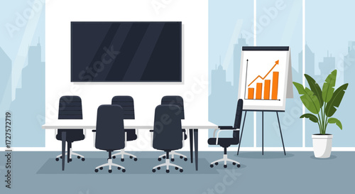 A modern conference room is set up for a business meeting, featuring a large screen, a flip chart with a growth graph, and a table with chairs, with a cityscape visible through the windows