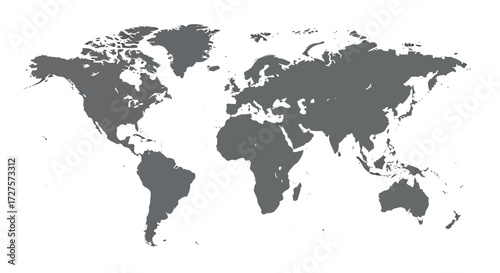 A detailed gray world map illustration showcasing all continents and oceans, isolated on a clean white background