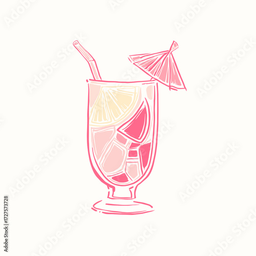 Rum punch cocktail in hand-drawn style, pink tones, tropical drink with umbrella