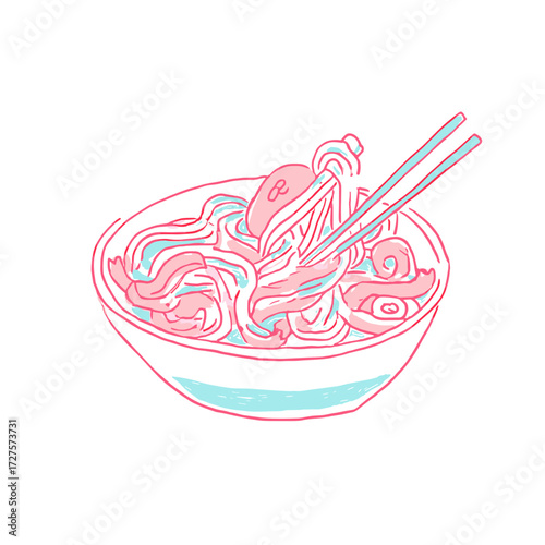 Udon noodle bowl with chopsticks in hand-drawn style, pink and teal tones, traditional Asian food concept