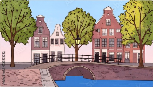 Colorful city canal scene with vintage buildings, brick bridge, and leafy green trees