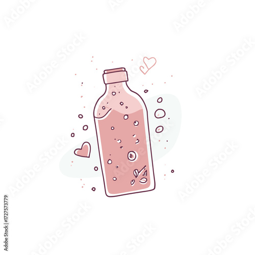 Bottle of oat milk in hand-drawn style, soft pink tones, plant-based drink concept