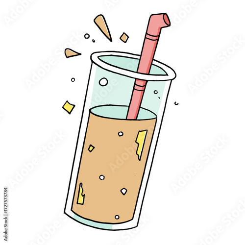 Glass of oat milk in hand-drawn style, soft pastel colors, plant-based drink concept