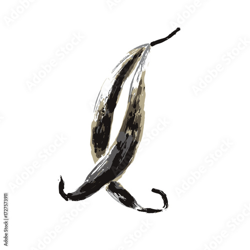 Vanilla pods in abstract hand-drawn style, black and beige tones, natural flavoring concept