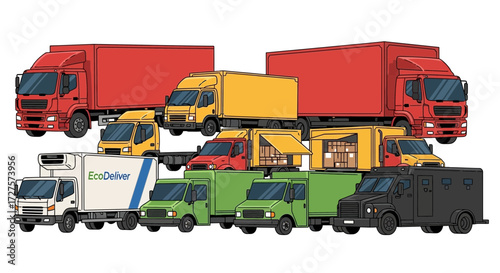 A diverse fleet of delivery trucks and vans in various colors, including red, yellow, green, white, and black, representing different types of logistics and transportation services
